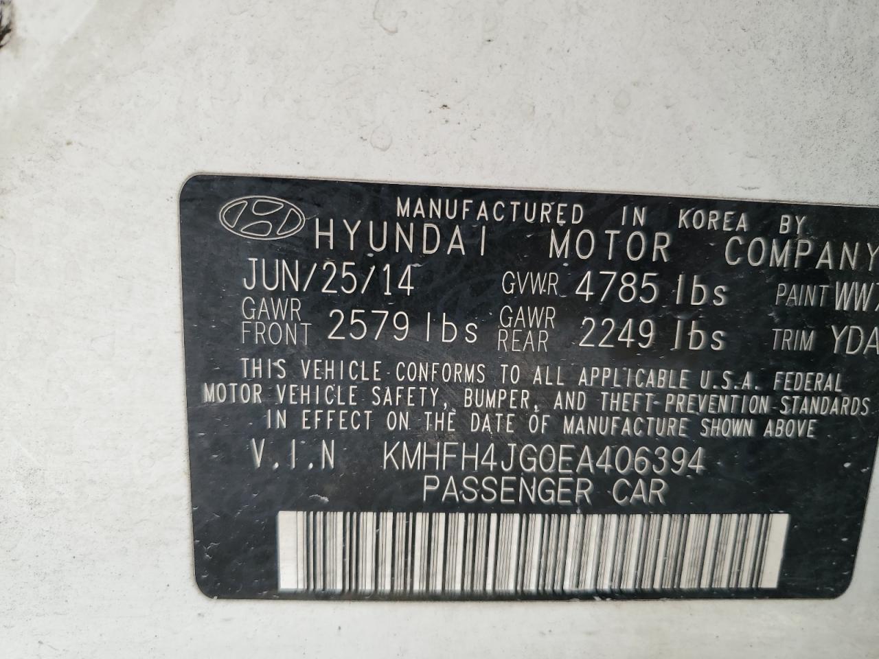 2014 Hyundai Azera Gls VIN: KMHFH4JG0EA406394 Lot: 69424424