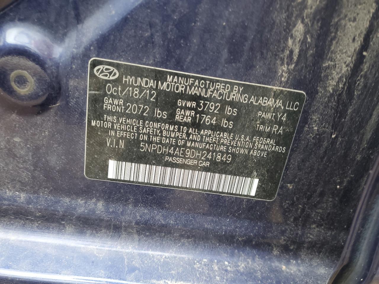 2013 Hyundai Elantra Gls VIN: 5NPDH4AE9DH241849 Lot: 67416054