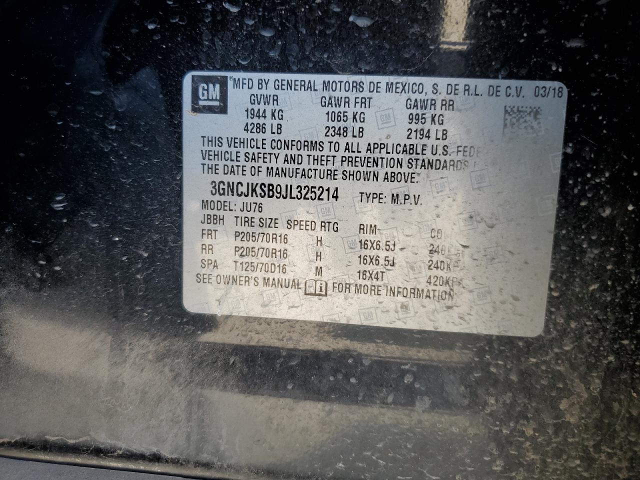 2018 Chevrolet Trax Ls VIN: 3GNCJKSB9JL325214 Lot: 65924144