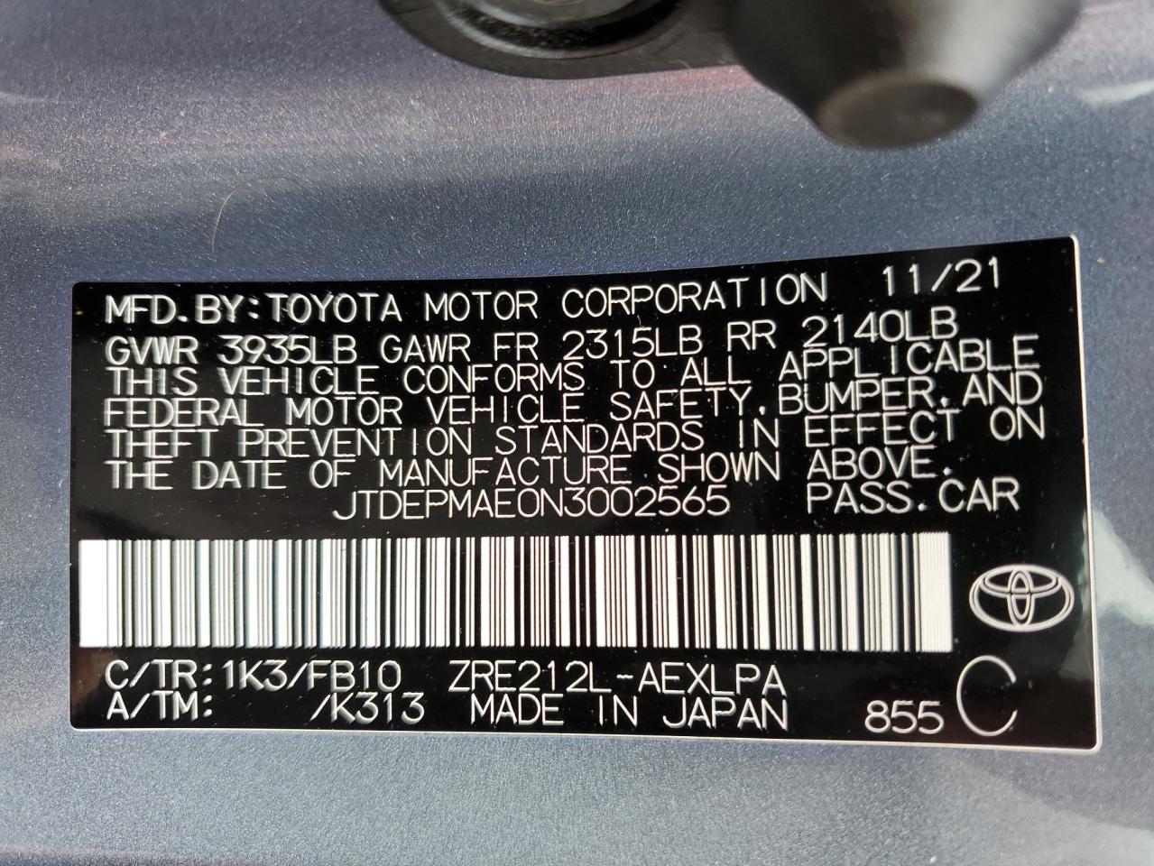 JTDEPMAE0N3002565 2022 Toyota Corolla Le