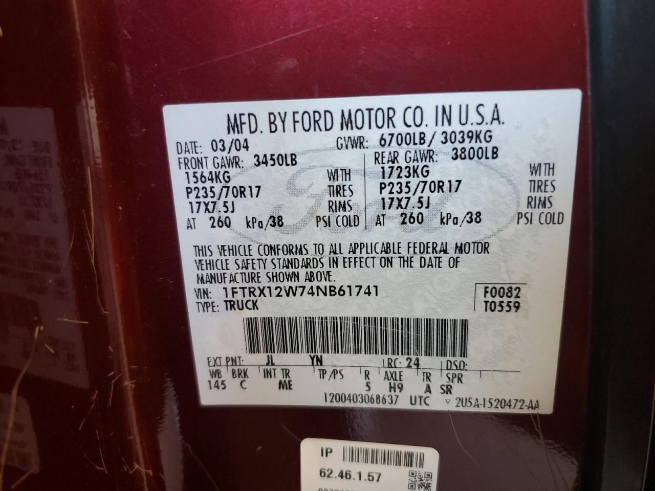 2004 Ford F150 VIN: 1FTRX12W74NB61741 Lot: 66543544