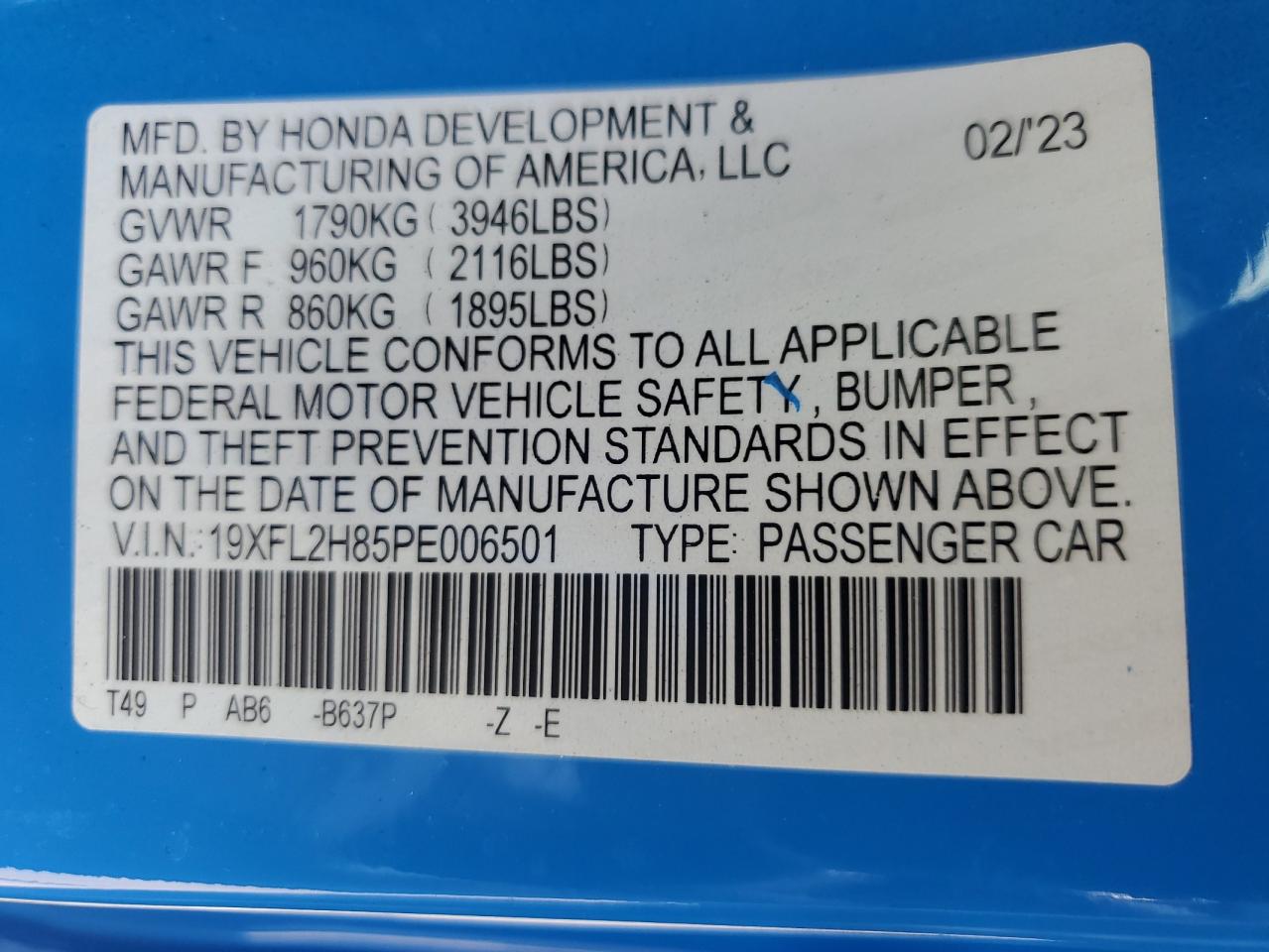 2023 Honda Civic Sport VIN: 19XFL2H85PE006501 Lot: 68888724