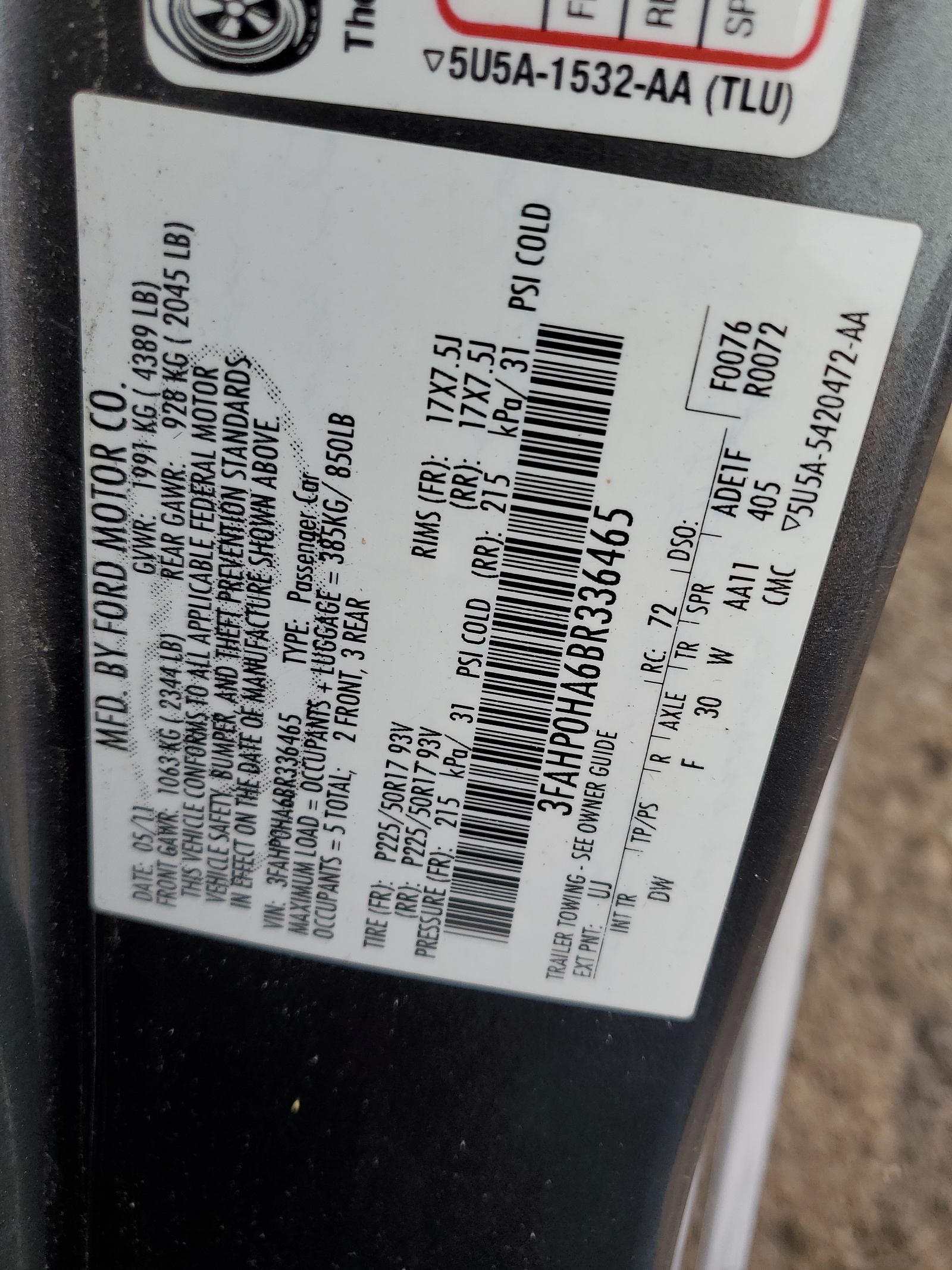 3FAHP0HA6BR336465 2011 Ford Fusion Se