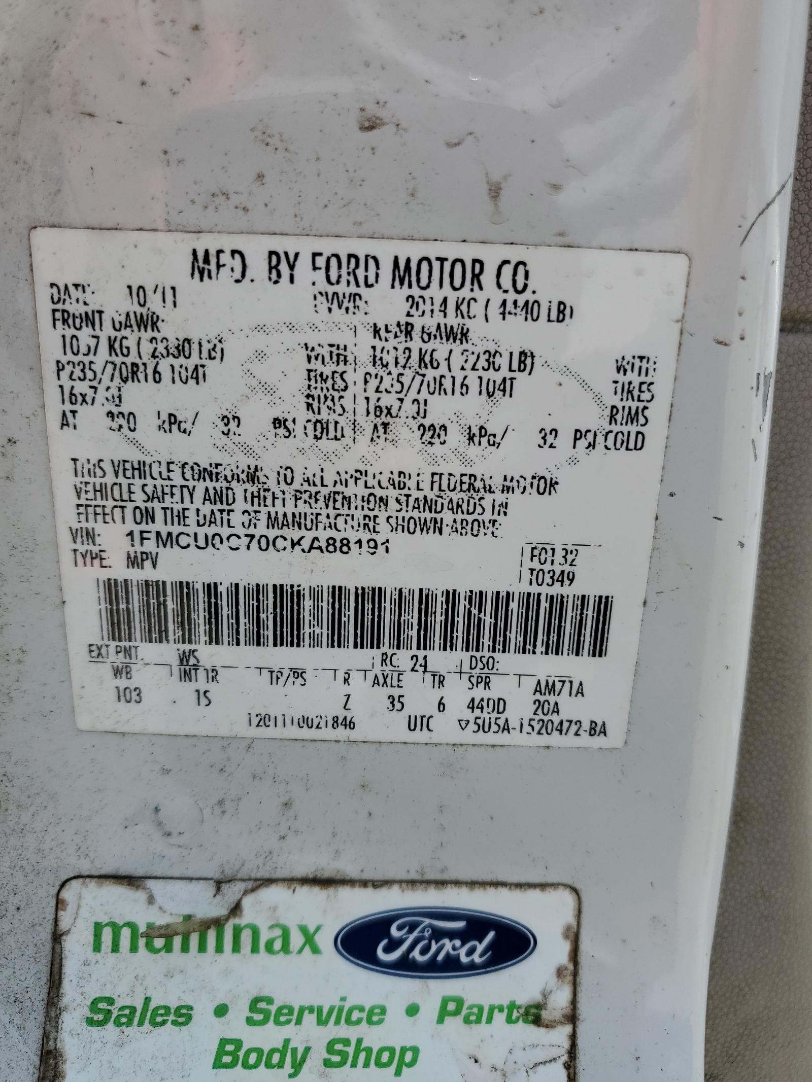 1FMCU0C70CKA88191 2012 Ford Escape Xls