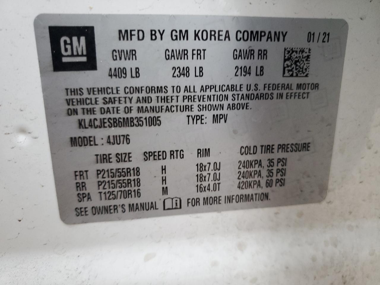 2021 Buick Encore Preferred VIN: KL4CJESB6MB351005 Lot: 68332794