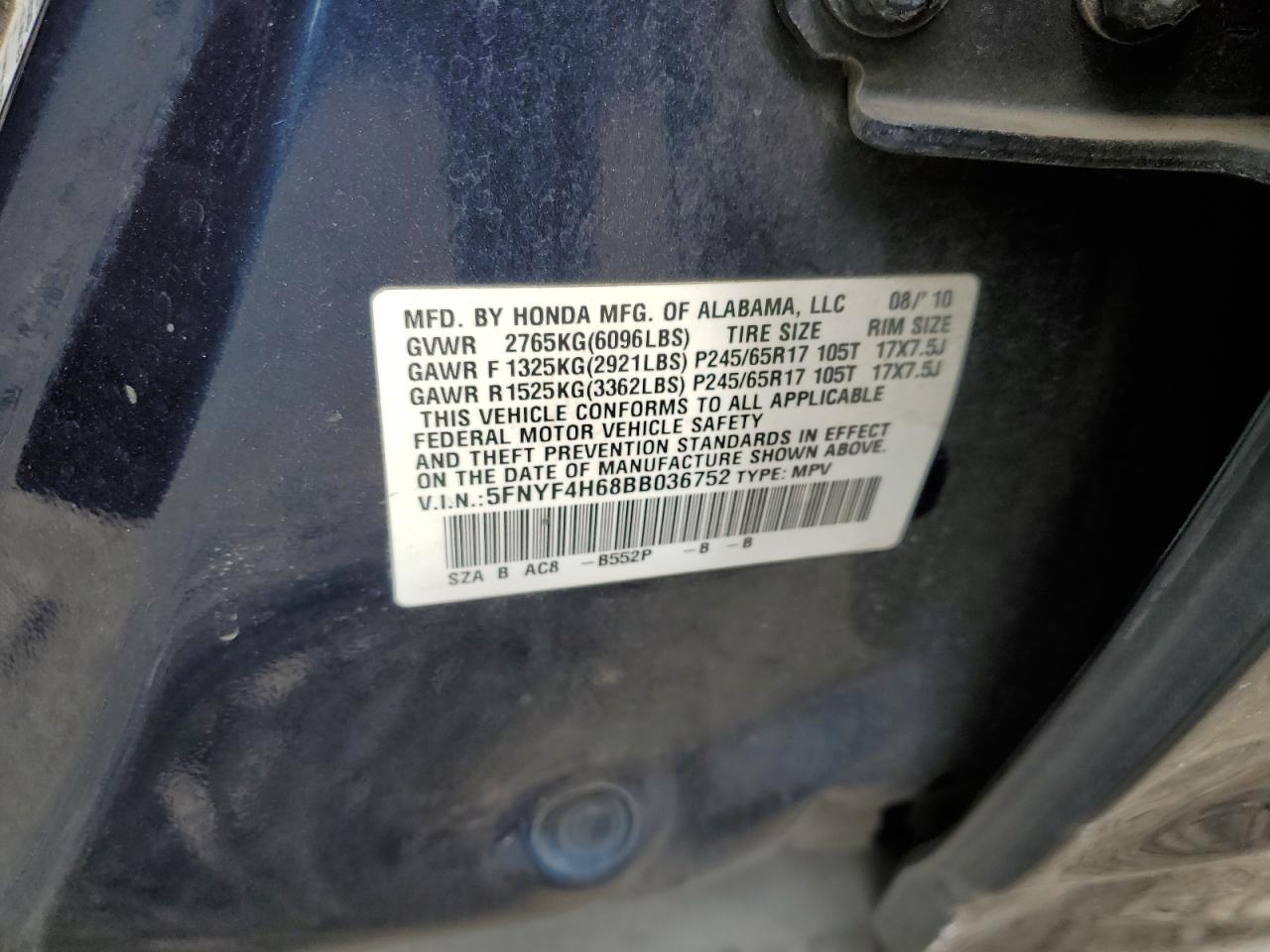 2011 Honda Pilot Exl VIN: 5FNYF4H68BB036752 Lot: 68936474