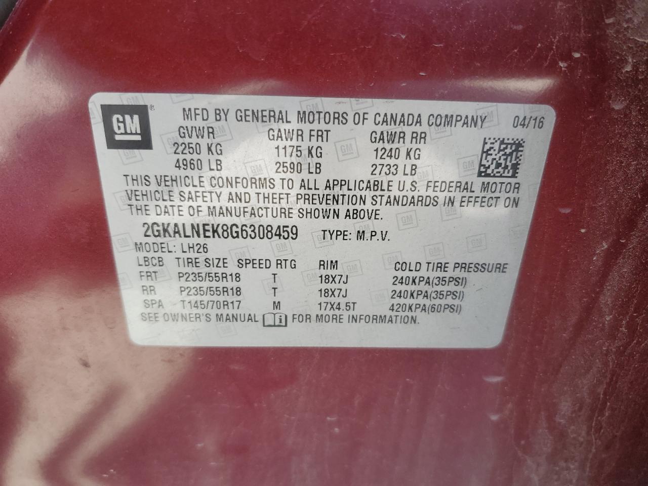 2GKALNEK8G6308459 2016 GMC Terrain Sle