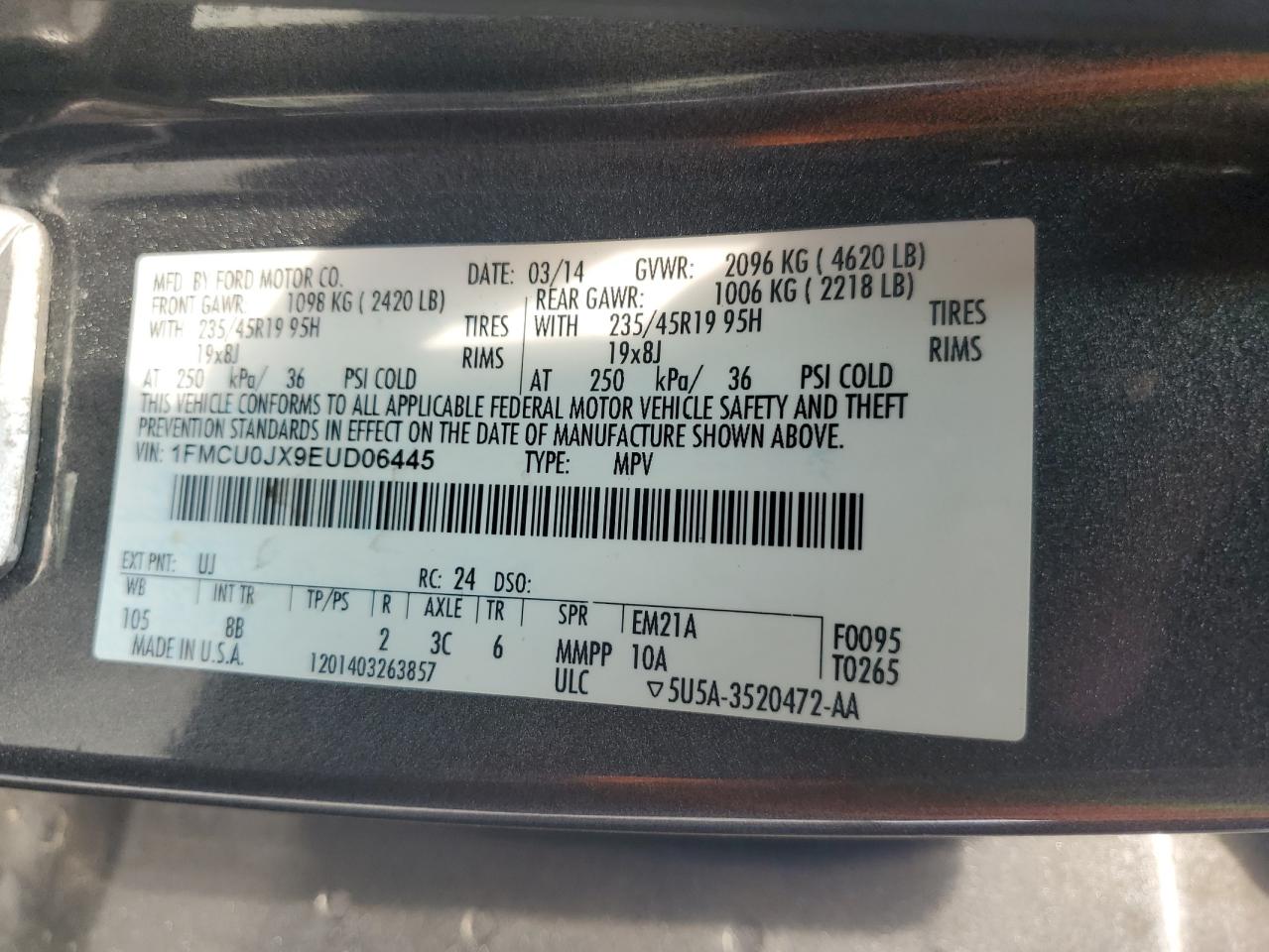 2014 Ford Escape Titanium VIN: 1FMCU0JX9EUD06445 Lot: 66652884