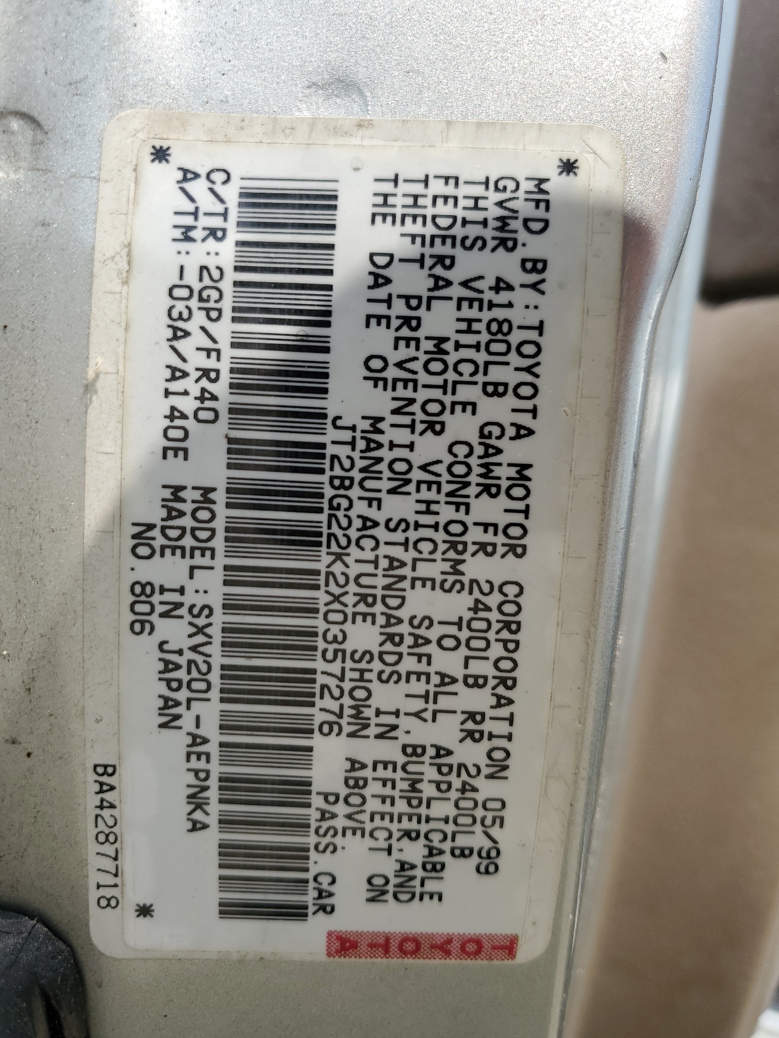 JT2BG22K2X0357276 1999 Toyota Camry Le