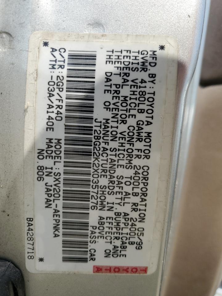 1999 Toyota Camry Le VIN: JT2BG22K2X0357276 Lot: 67612694