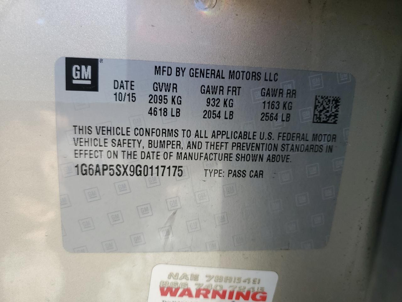 2016 Cadillac Cts VIN: 1G6AP5SX9G0117175 Lot: 67786674