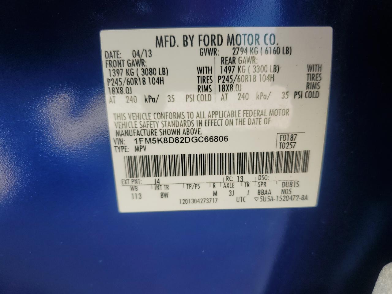 2013 Ford Explorer Xlt VIN: 1FM5K8D82DGC66806 Lot: 65582894