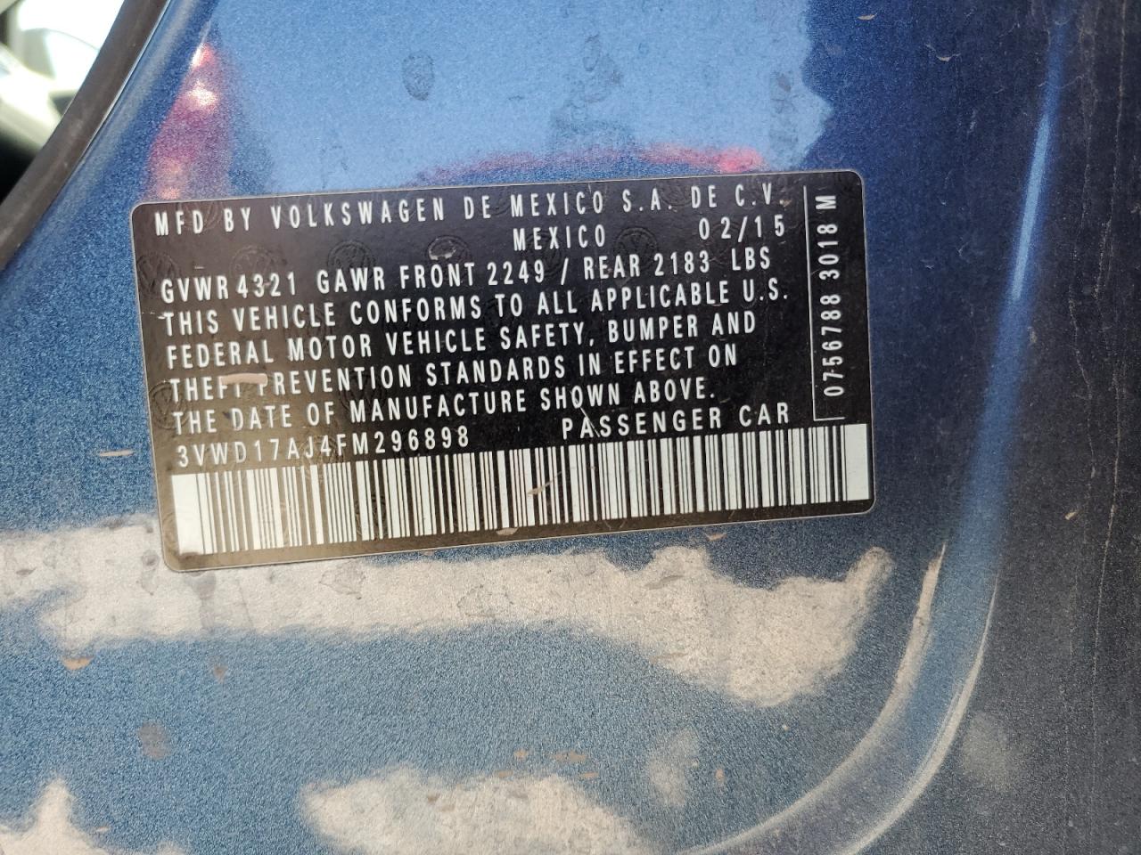 2015 Volkswagen Jetta Se VIN: 3VWD17AJ4FM296898 Lot: 68871914