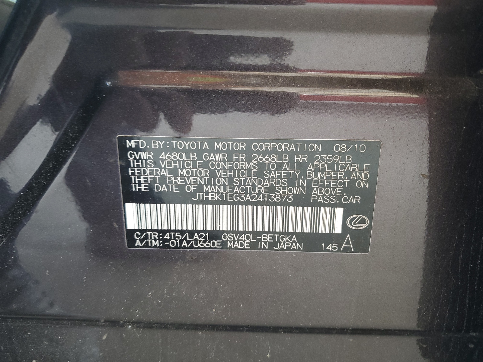 JTHBK1EG3A2413873 2010 Lexus Es 350