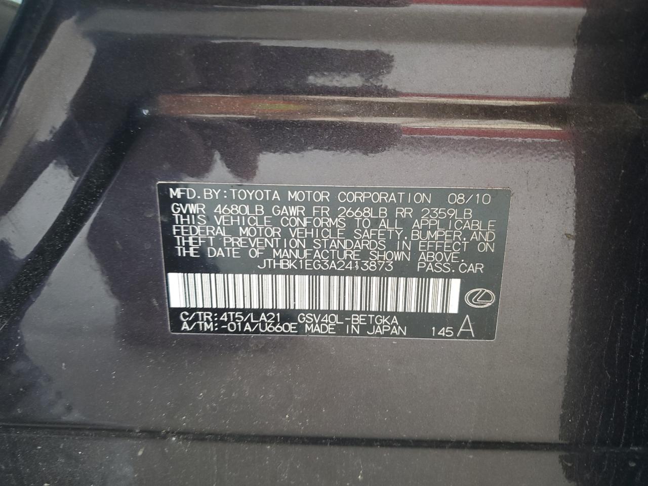 2010 Lexus Es 350 VIN: JTHBK1EG3A2413873 Lot: 66769414