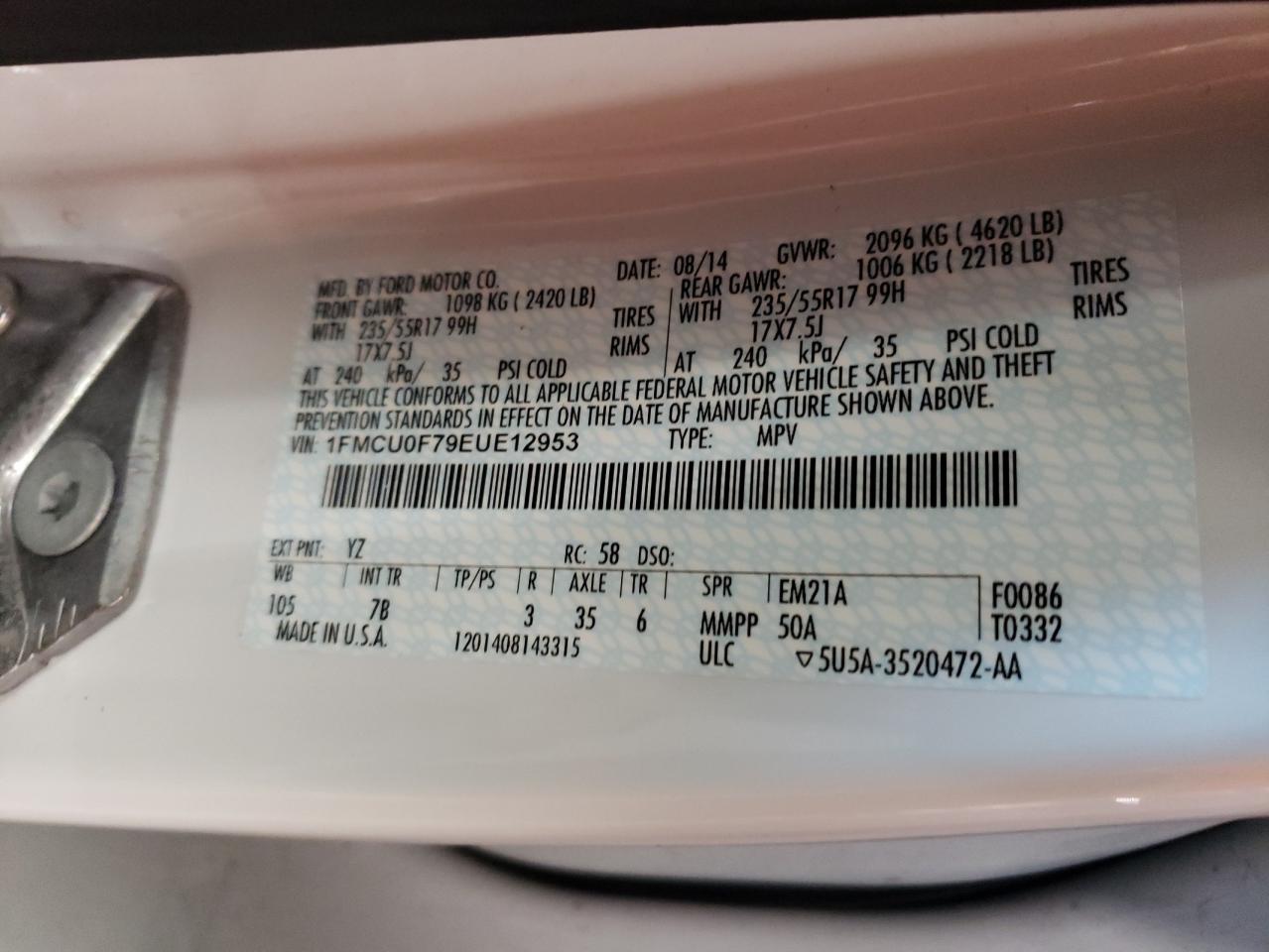 2014 Ford Escape S VIN: 1FMCU0F79EUE12953 Lot: 66300094