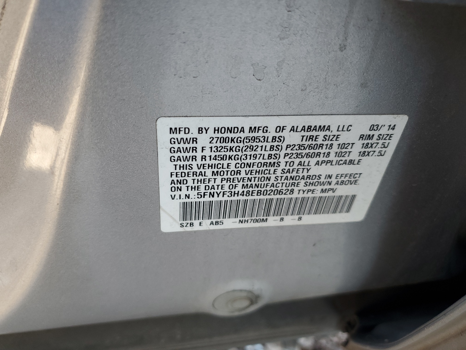 5FNYF3H48EB020628 2014 Honda Pilot Ex