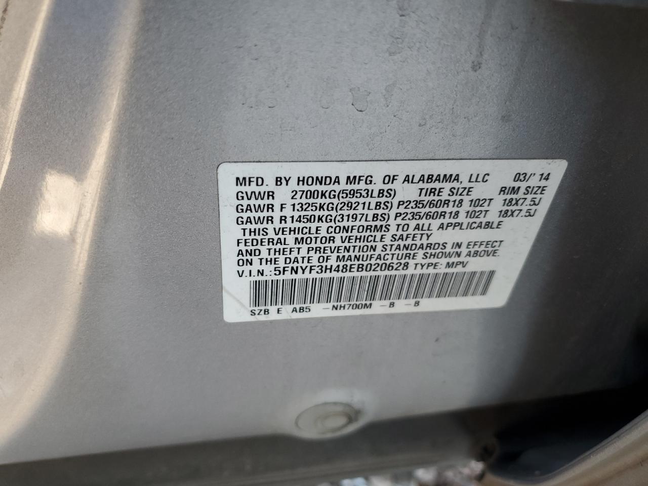 2014 Honda Pilot Ex VIN: 5FNYF3H48EB020628 Lot: 66965554