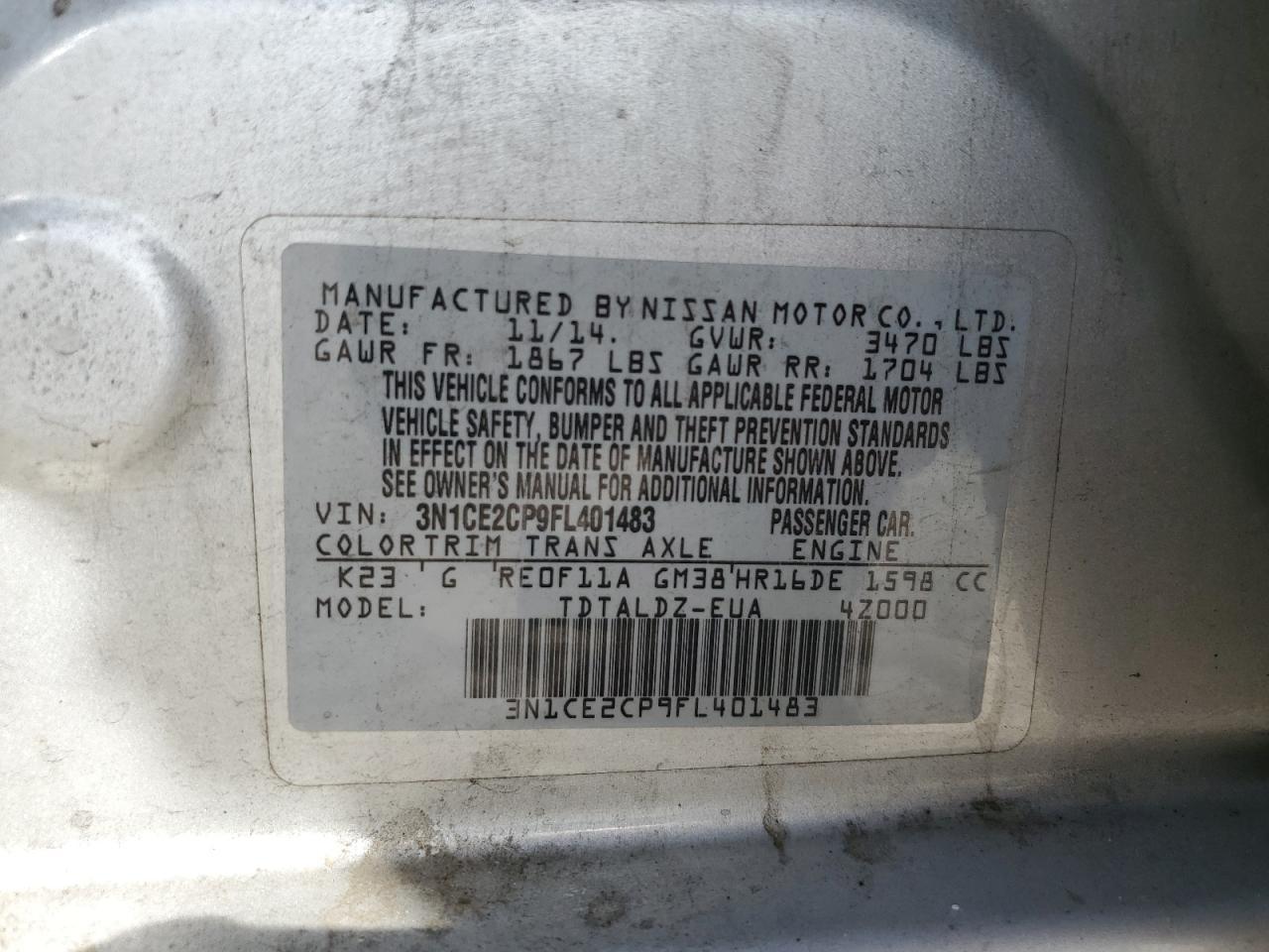 2015 Nissan Versa Note S VIN: 3N1CE2CP9FL401483 Lot: 65947154