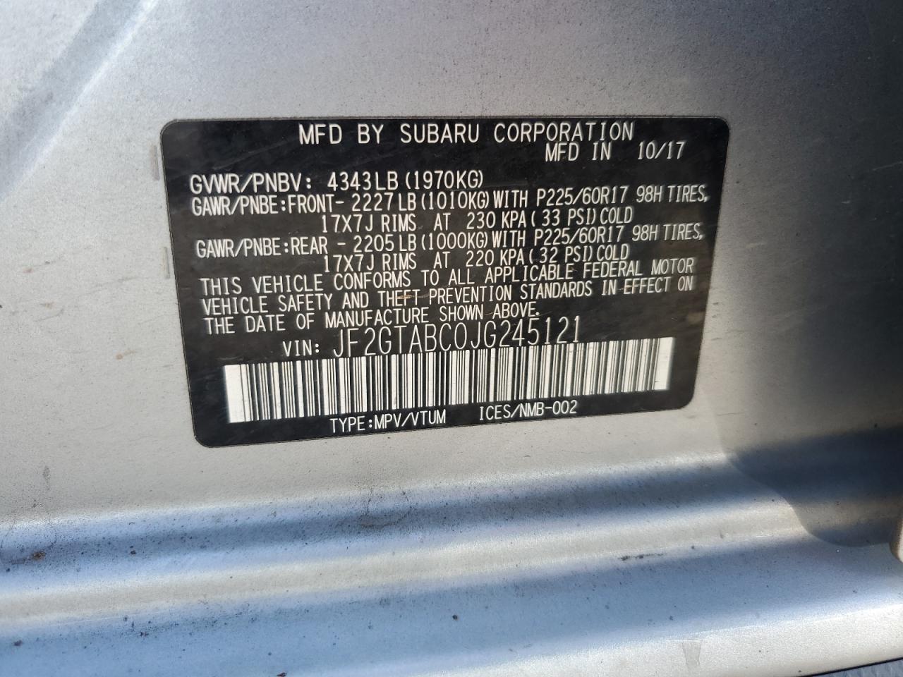 JF2GTABC0JG245121 2018 Subaru Crosstrek Premium