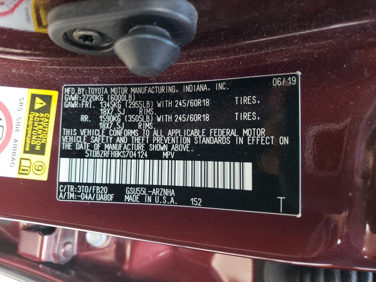 2019 Toyota Highlander Le VIN: 5TDBZRFH8KS704124 Lot: 65025774