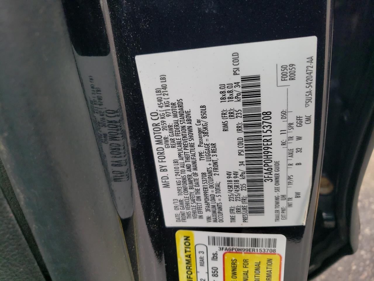 3FA6P0H99ER153708 2014 Ford Fusion Se