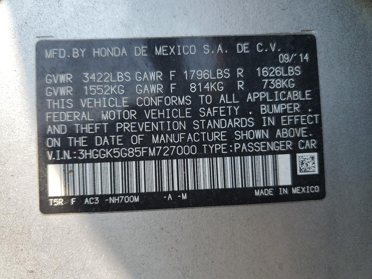 2015 Honda Fit Ex VIN: 3HGGK5G85FM727000 Lot: 65222824