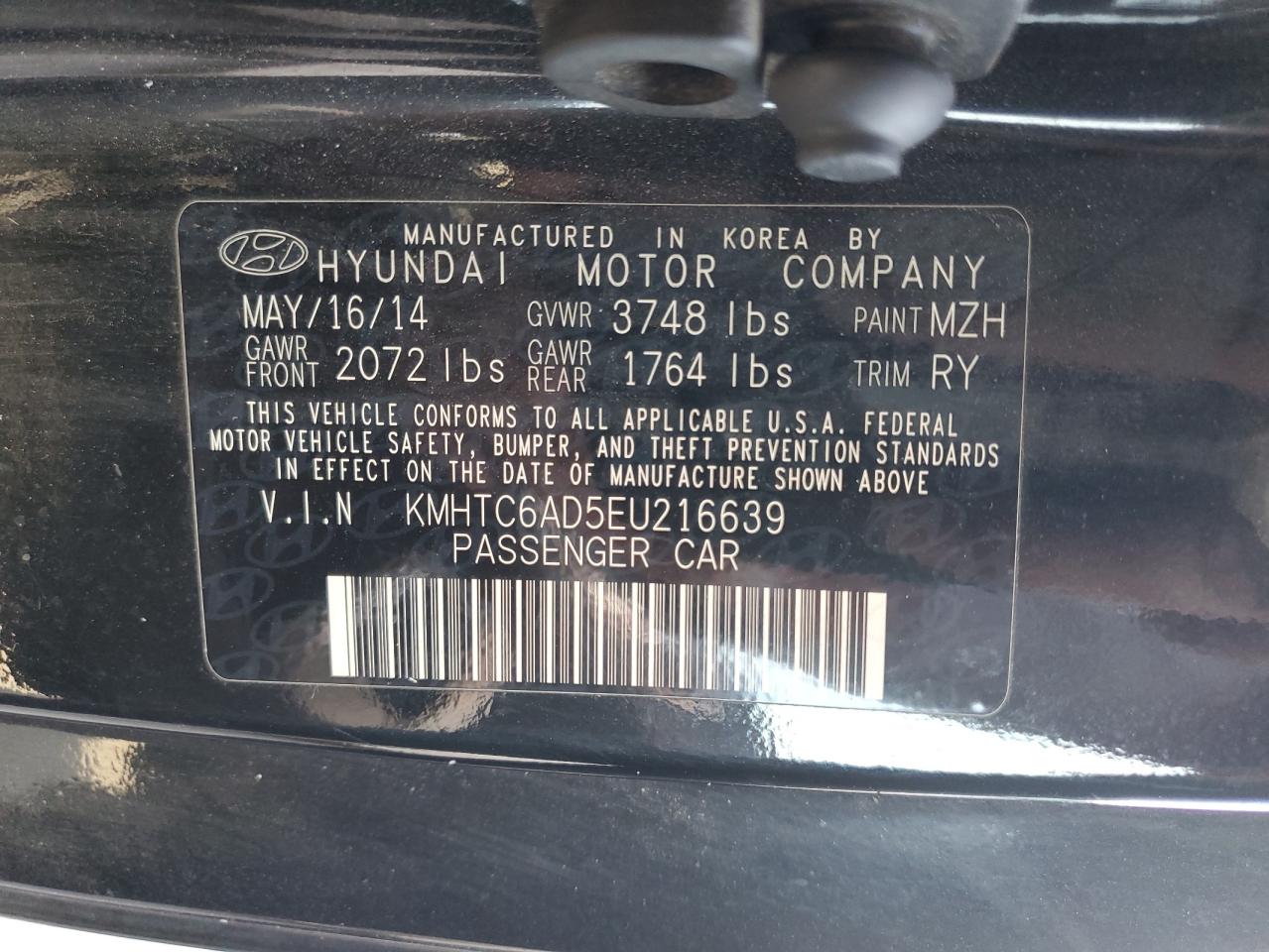 2014 Hyundai Veloster VIN: KMHTC6AD5EU216639 Lot: 66719534
