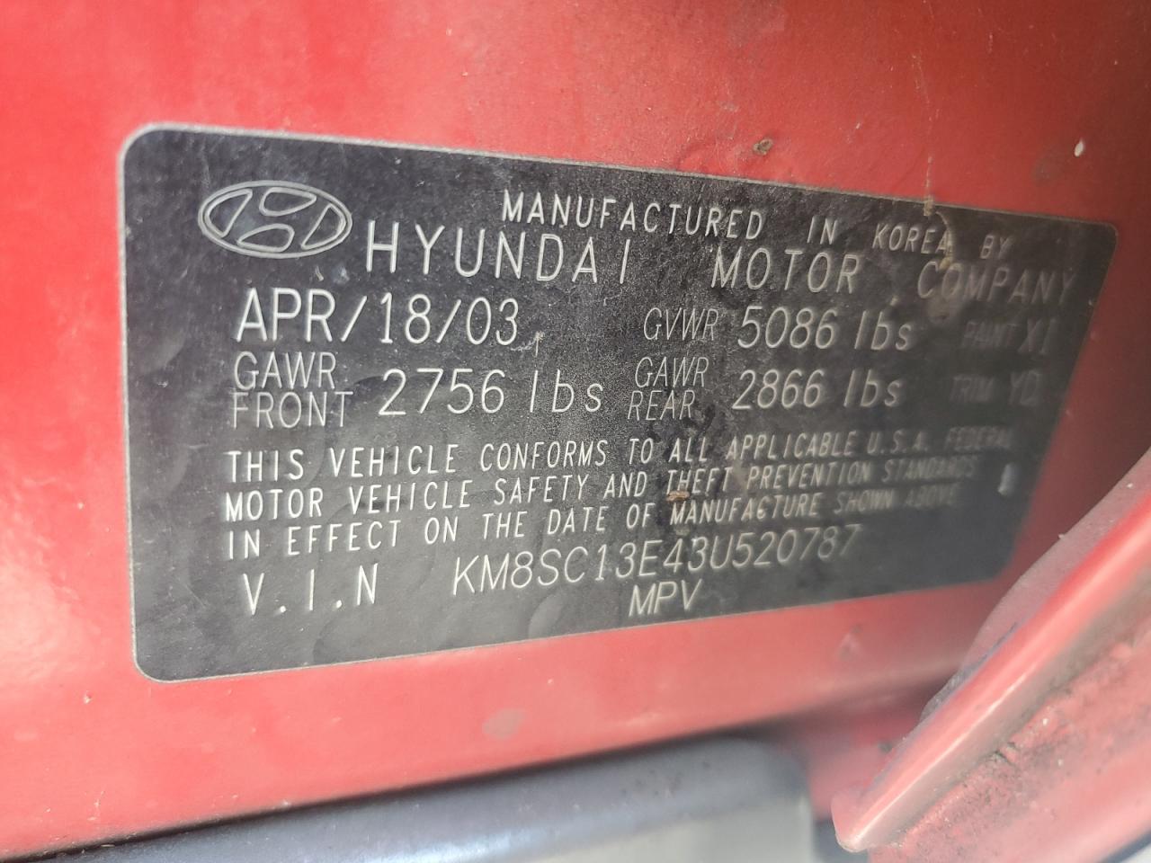 2003 Hyundai Santa Fe Gls VIN: KM8SC13E43U520787 Lot: 67277244