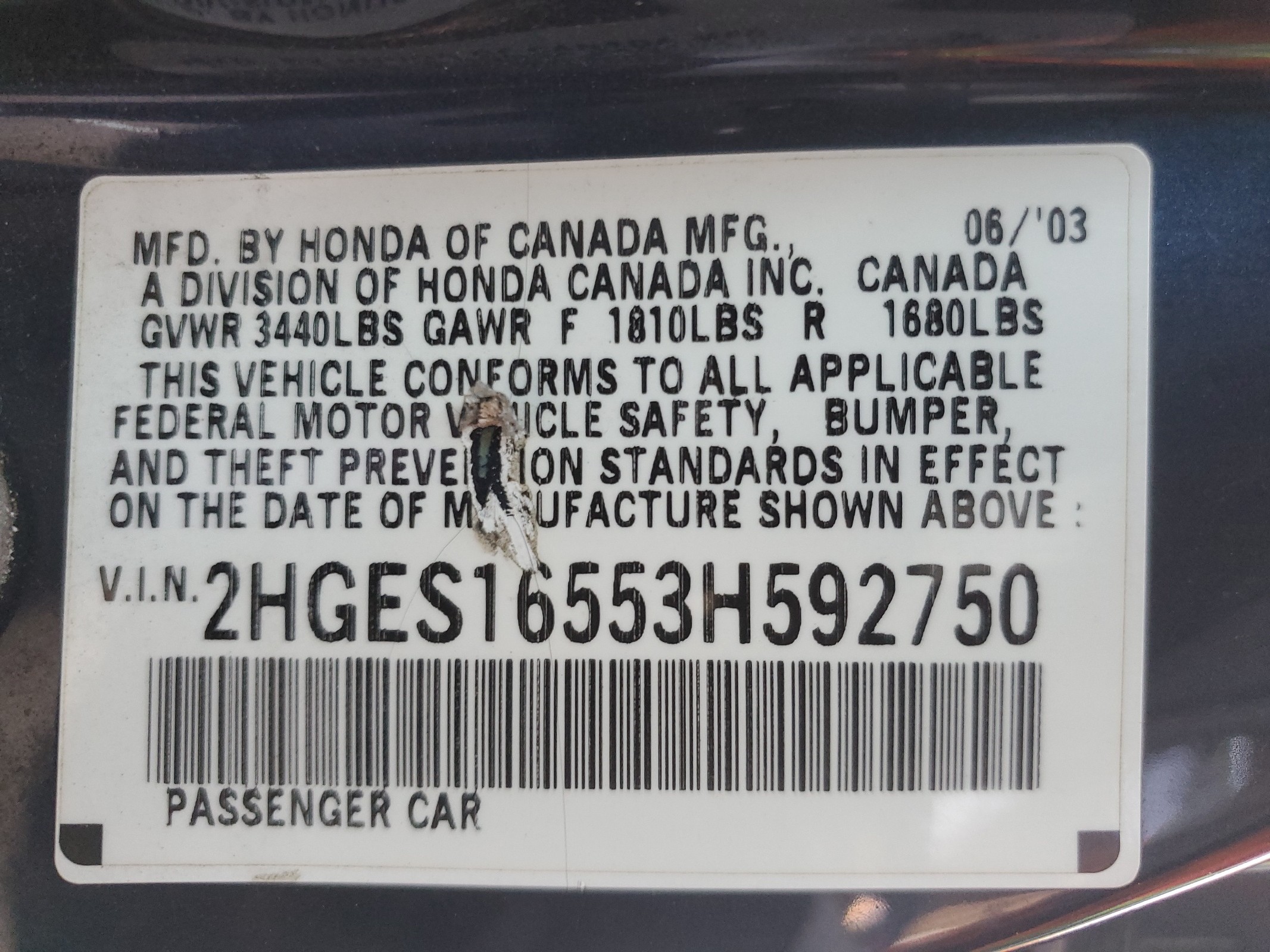 2HGES16553H592750 2003 Honda Civic Lx