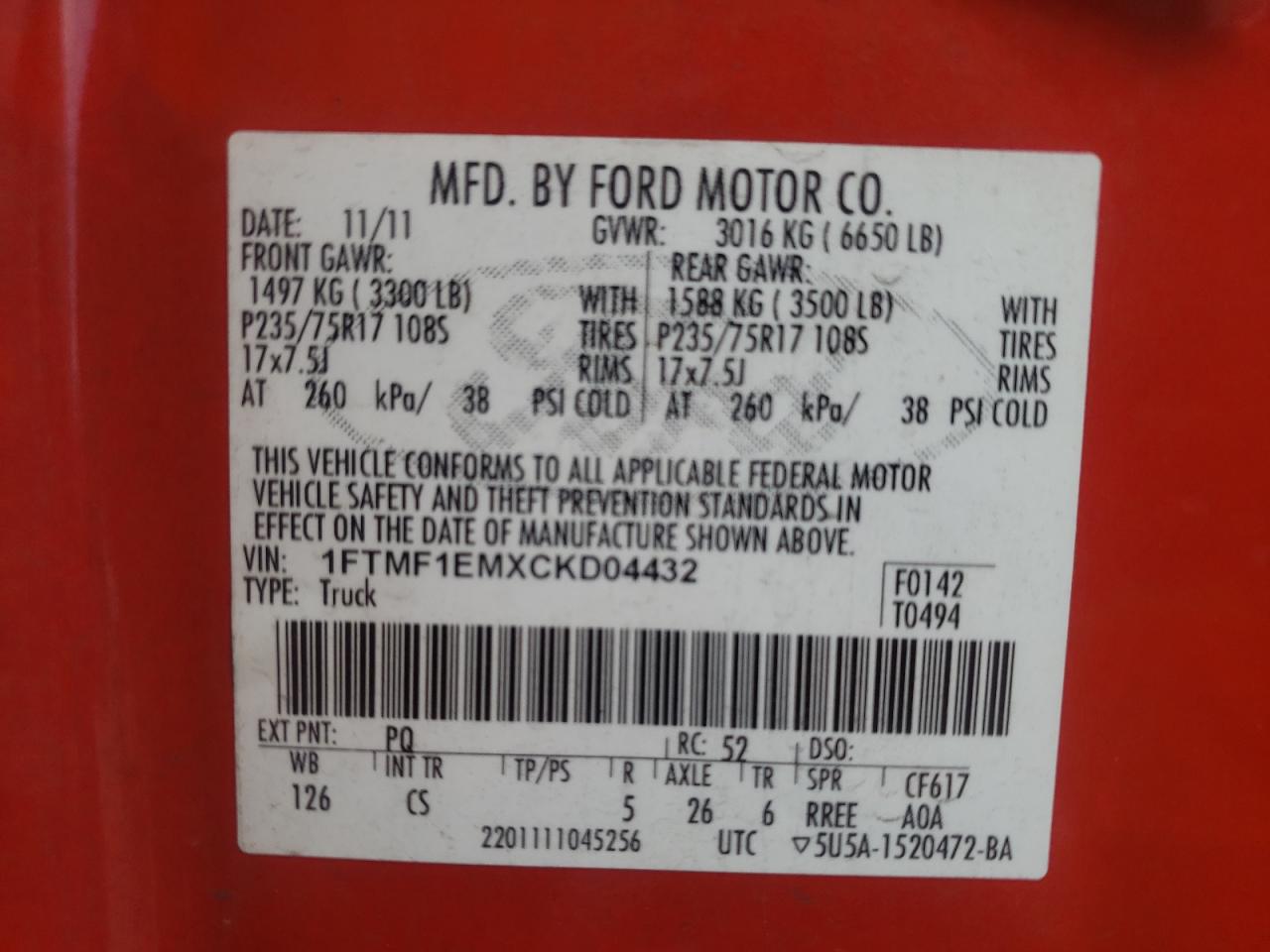 2012 Ford F150 VIN: 1FTMF1EMXCKD04432 Lot: 69172674