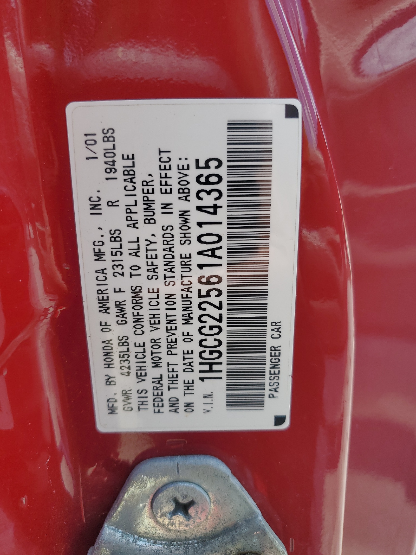 1HGCG22561A014365 2001 Honda Accord Ex