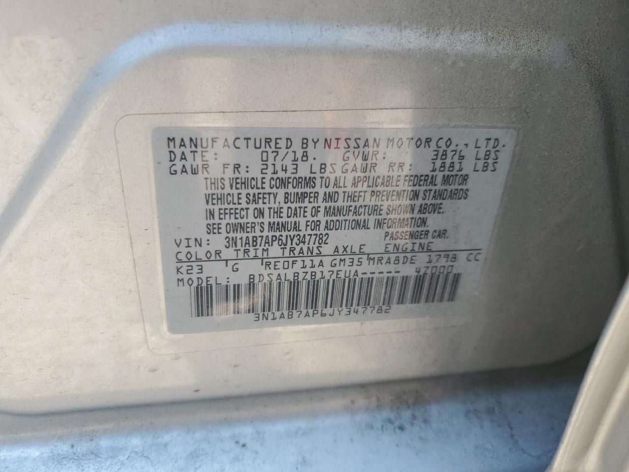 3N1AB7AP6JY347782 2018 Nissan Sentra S