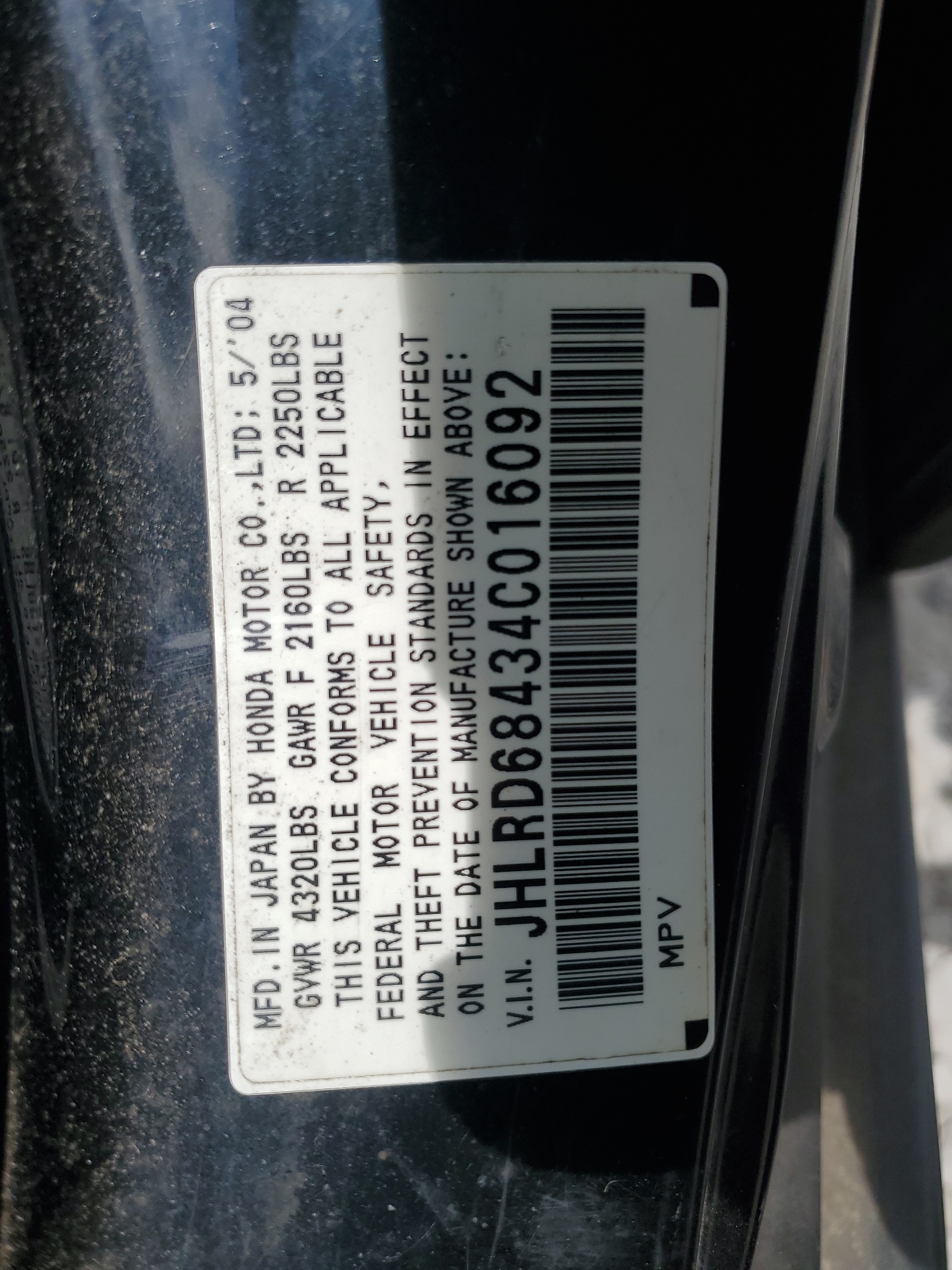 JHLRD68434C016092 2004 Honda Cr-V Lx