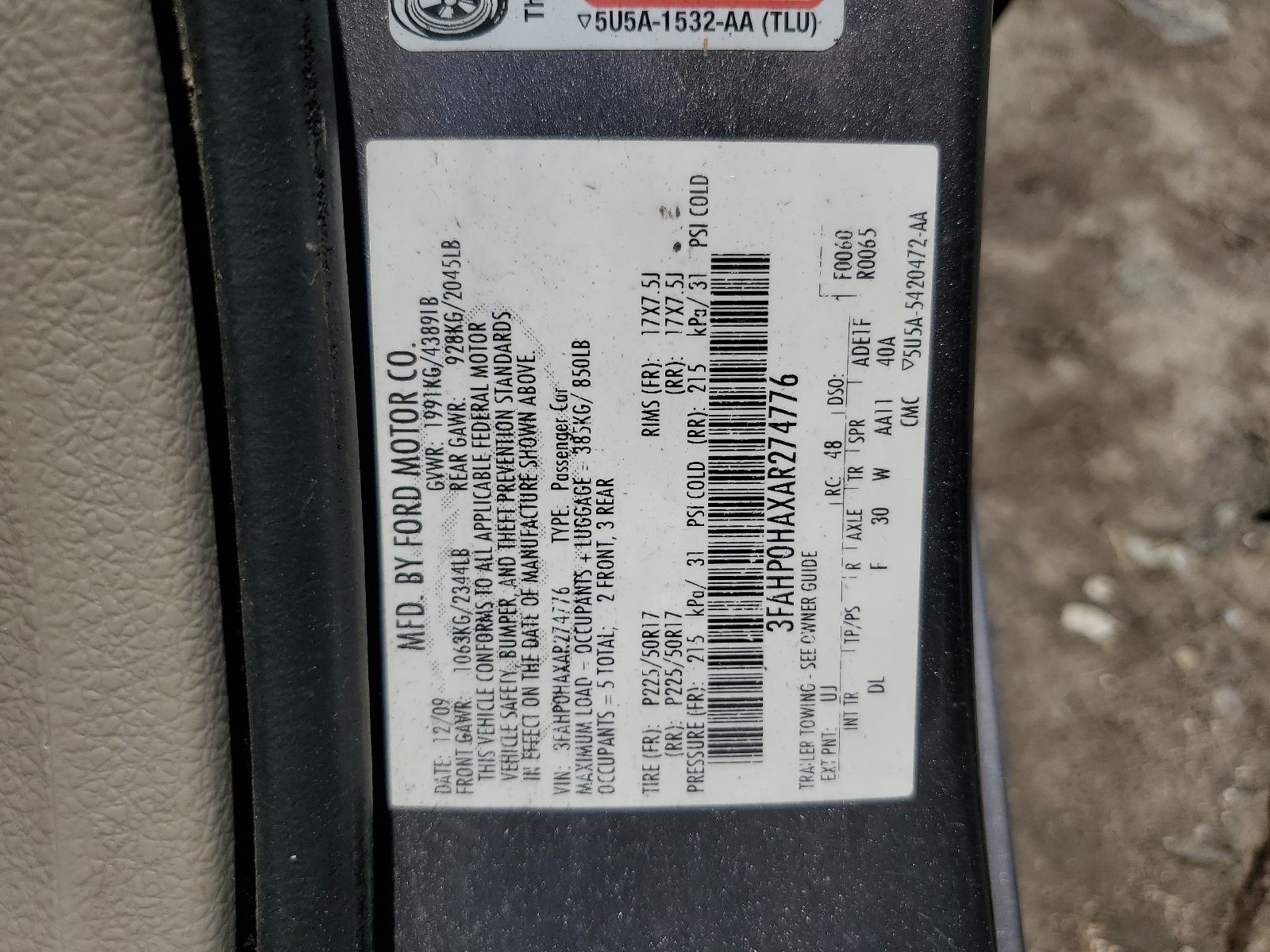 3FAHP0HAXAR274776 2010 Ford Fusion Se