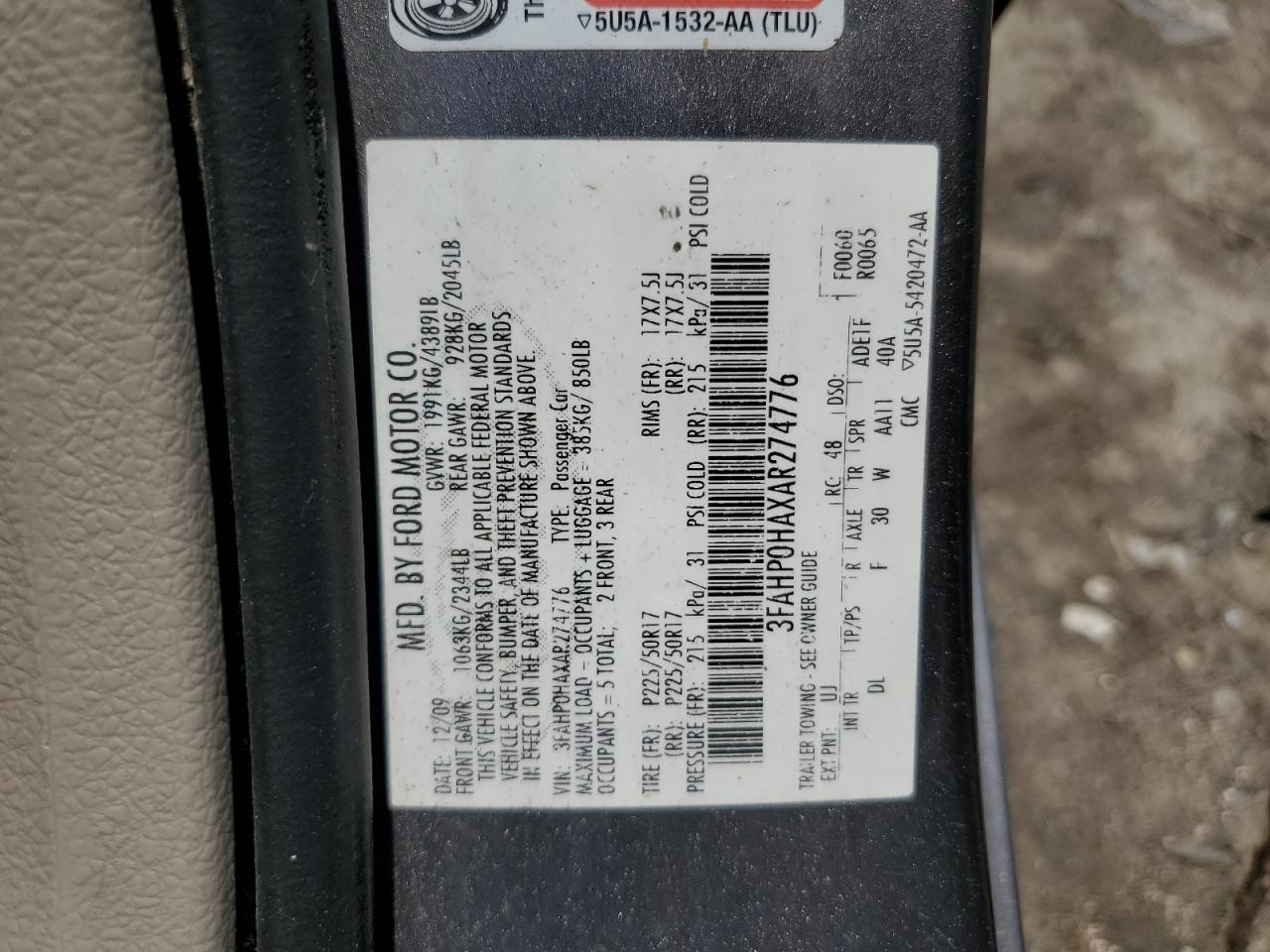 2010 Ford Fusion Se VIN: 3FAHP0HAXAR274776 Lot: 65885544