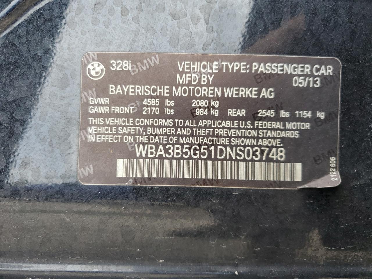 2013 BMW 328 Xi Sulev VIN: WBA3B5G51DNS03748 Lot: 65724314