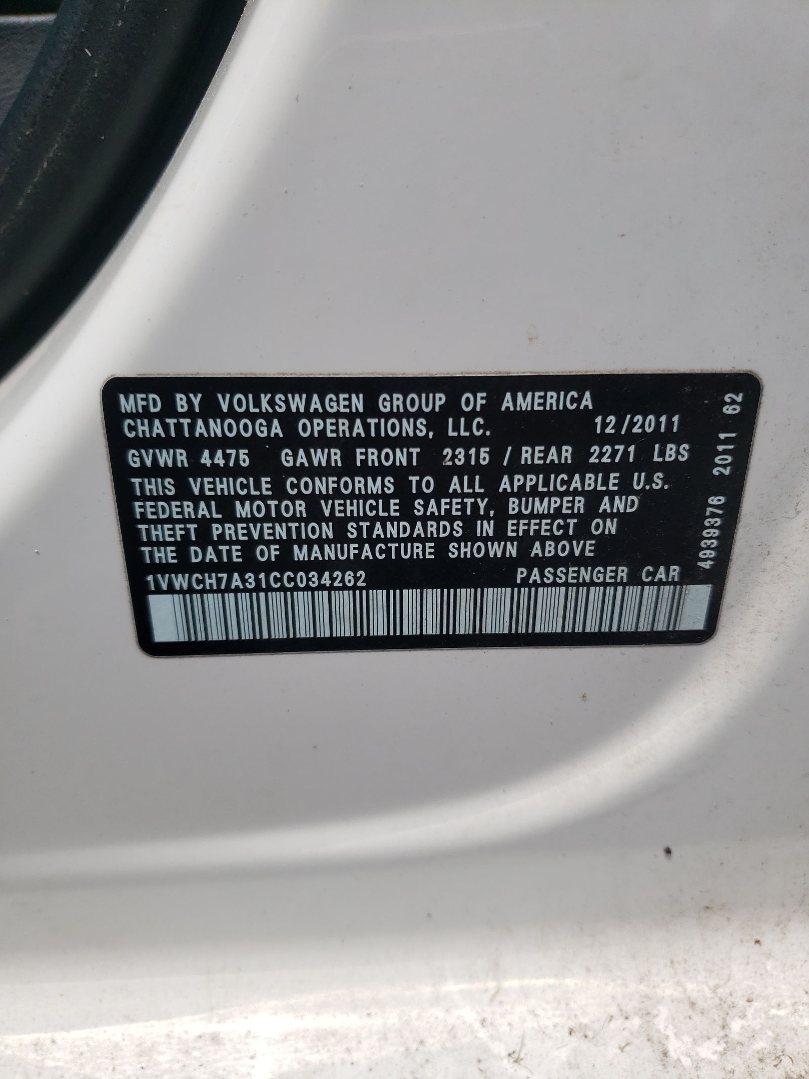 1VWCH7A31CC034262 2012 Volkswagen Passat Sel