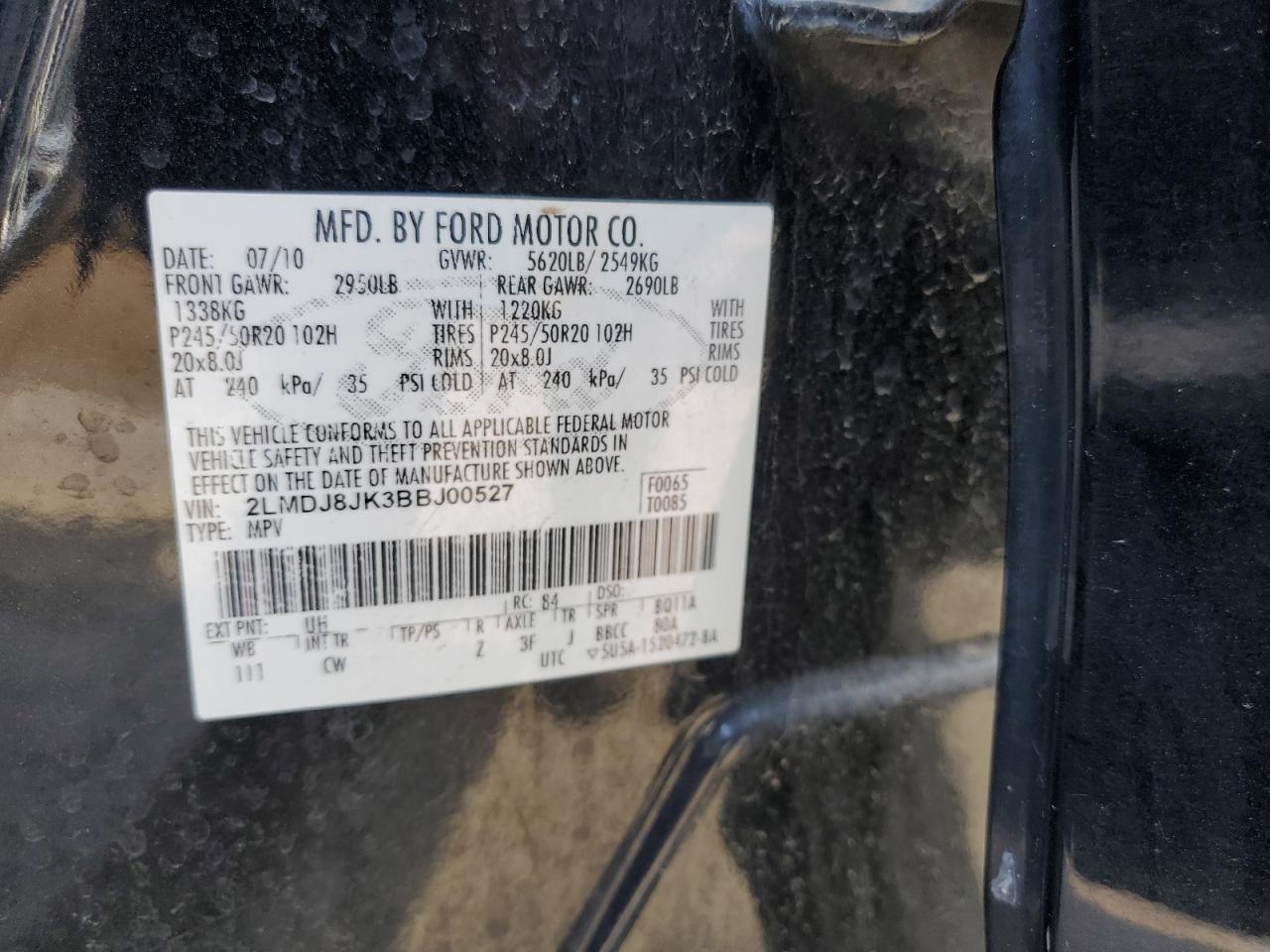 2011 Lincoln Mkx VIN: 2LMDJ8JK3BBJ00527 Lot: 65689794