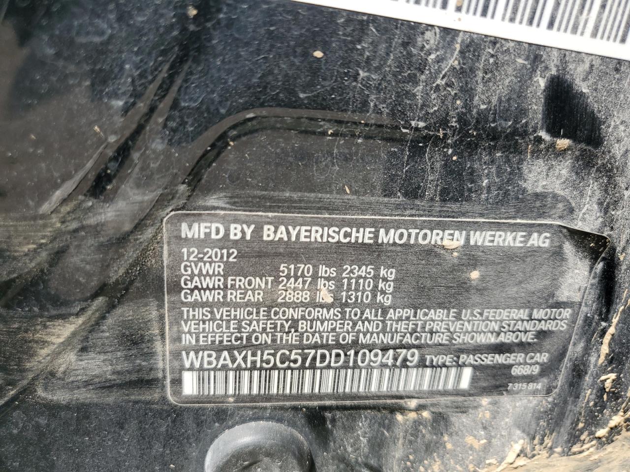 2013 BMW 528 Xi VIN: WBAXH5C57DD109479 Lot: 68084944
