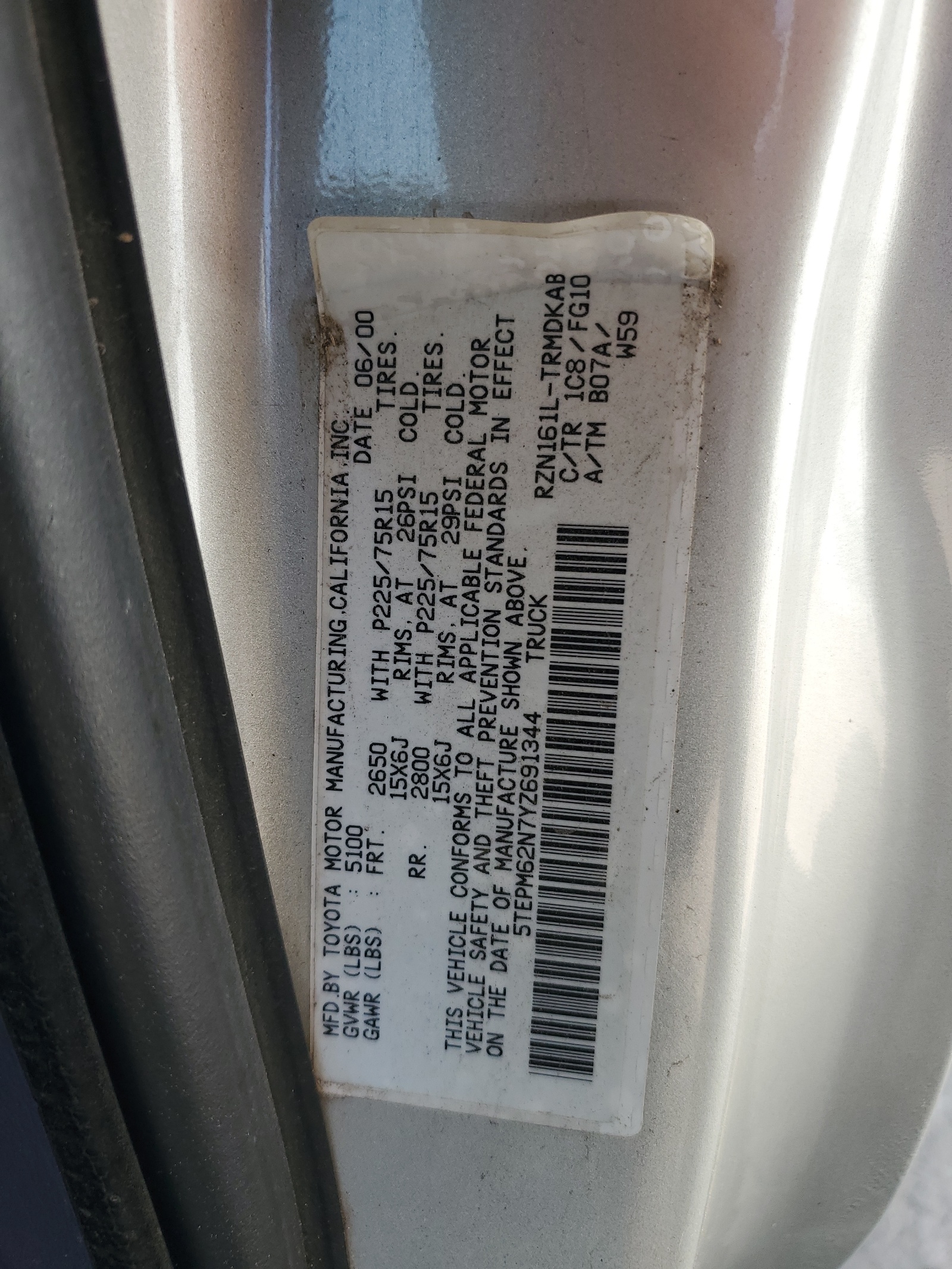 5TEPM62N7YZ691344 2000 Toyota Tacoma