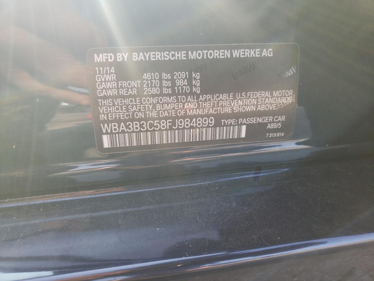 2015 BMW 328 Xi VIN: WBA3B3C58FJ984899 Lot: 65718974