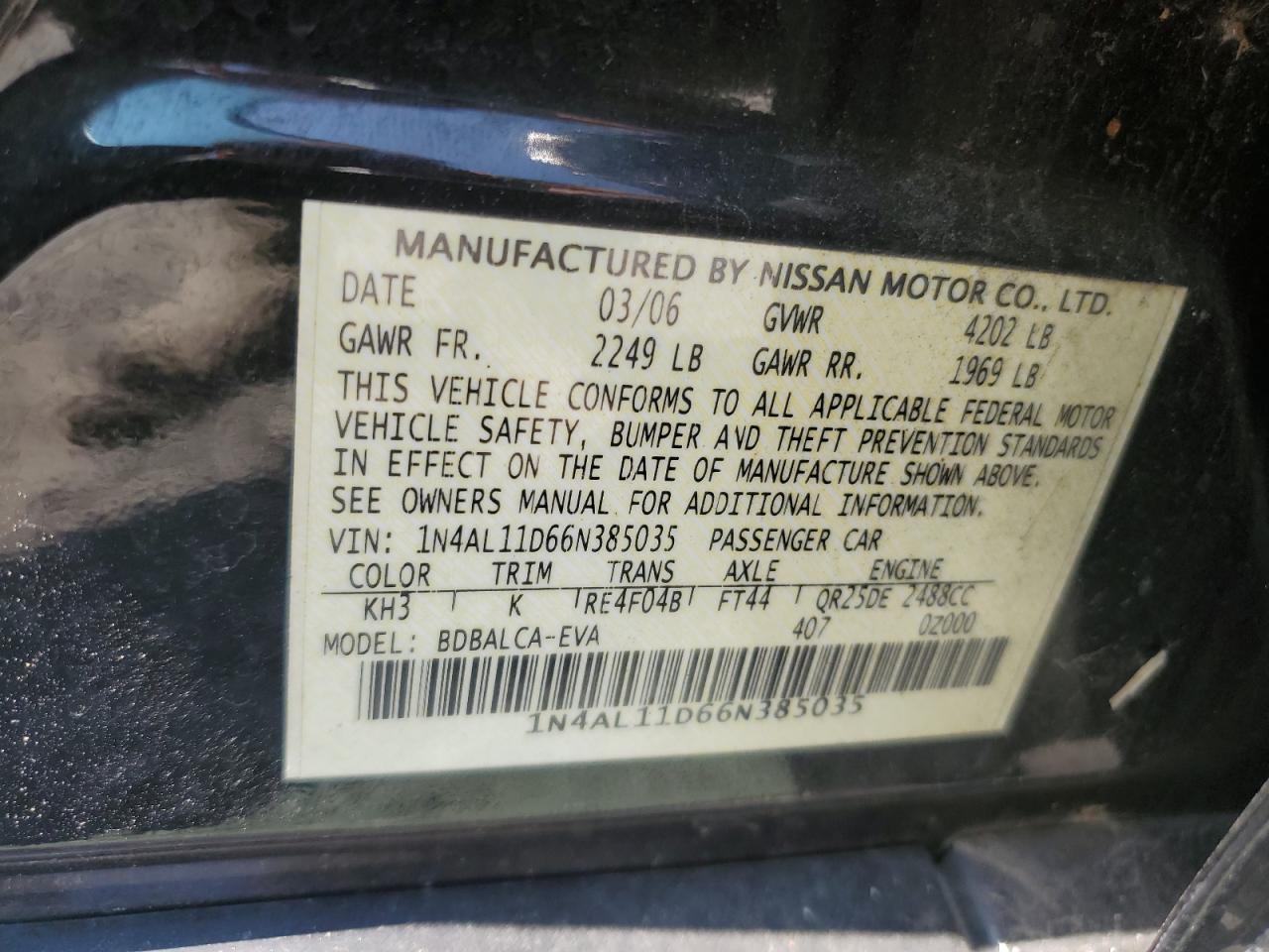 2006 Nissan Altima S VIN: 1N4AL11D66N385035 Lot: 68030634