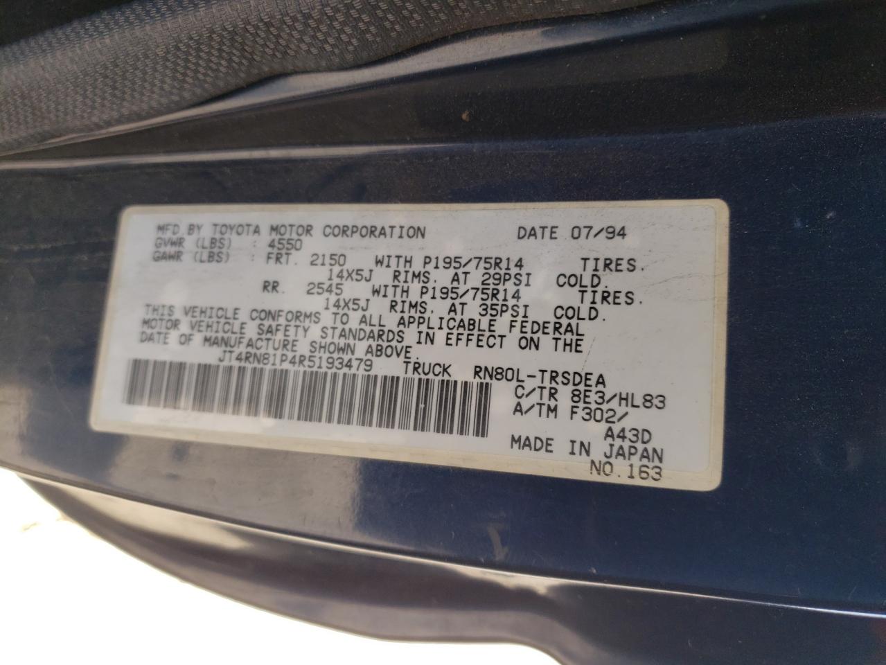 1994 Toyota Pickup 1/2 Ton Short Wheelbase Dx VIN: JT4RN81P4R5193479 Lot: 66232374
