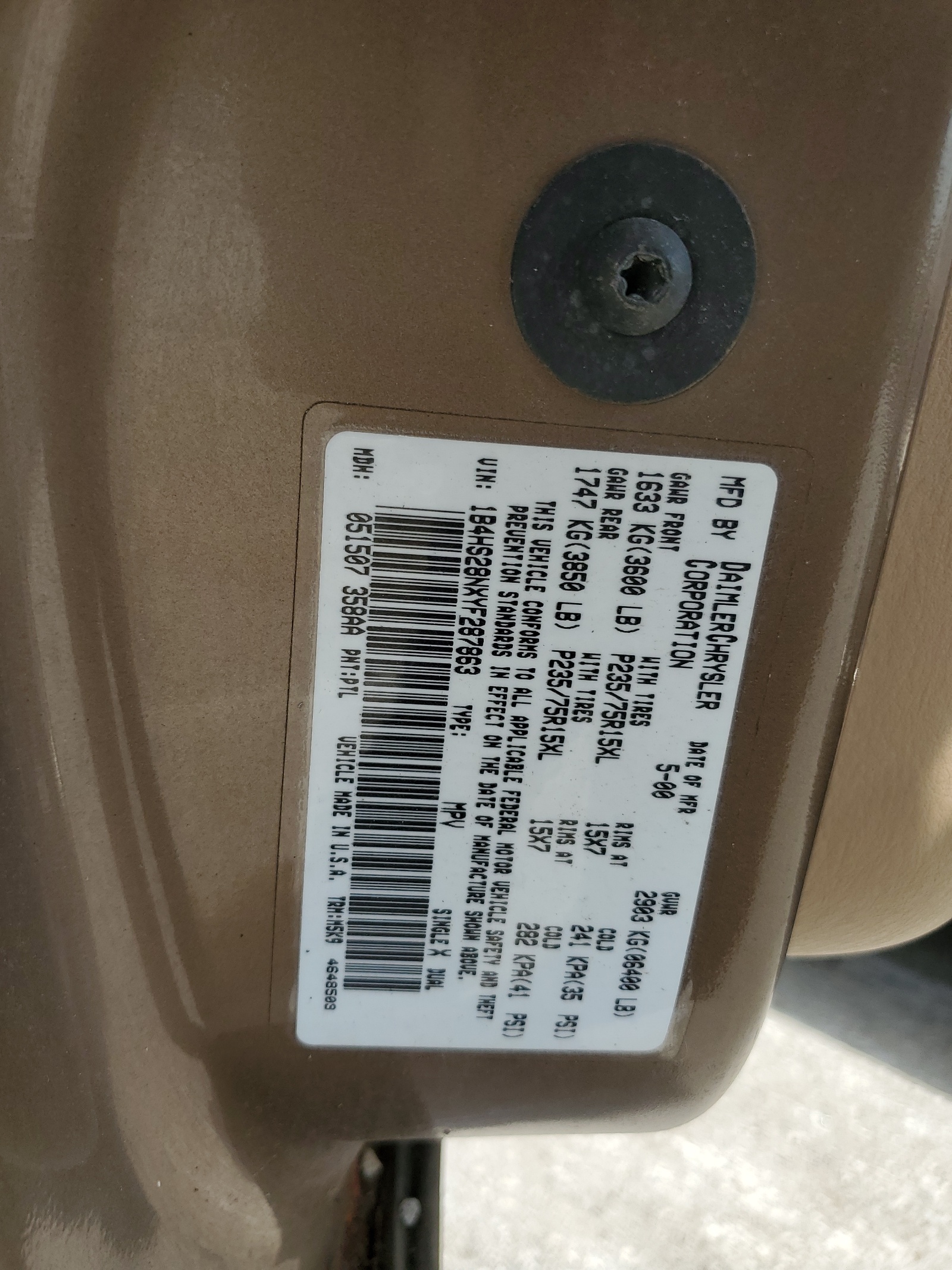 1B4HS28NXYF287863 2000 Dodge Durango