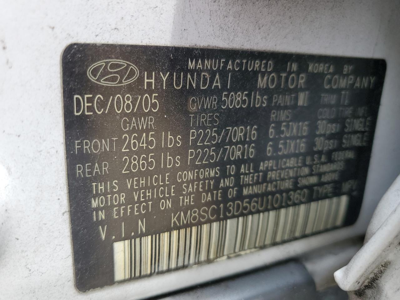 KM8SC13D56U101360 2006 Hyundai Santa Fe Gls