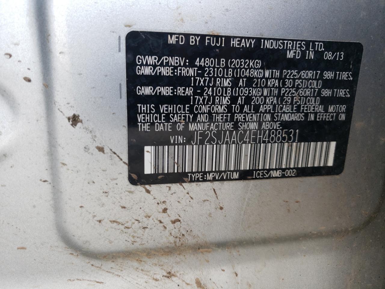 2014 Subaru Forester 2.5I VIN: JF2SJAAC4EH488531 Lot: 66950544