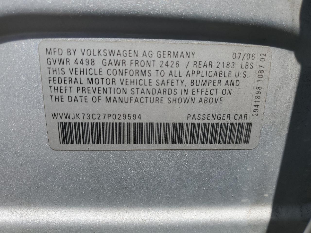 2007 Volkswagen Passat VIN: WVWJK73C27P029594 Lot: 67551724