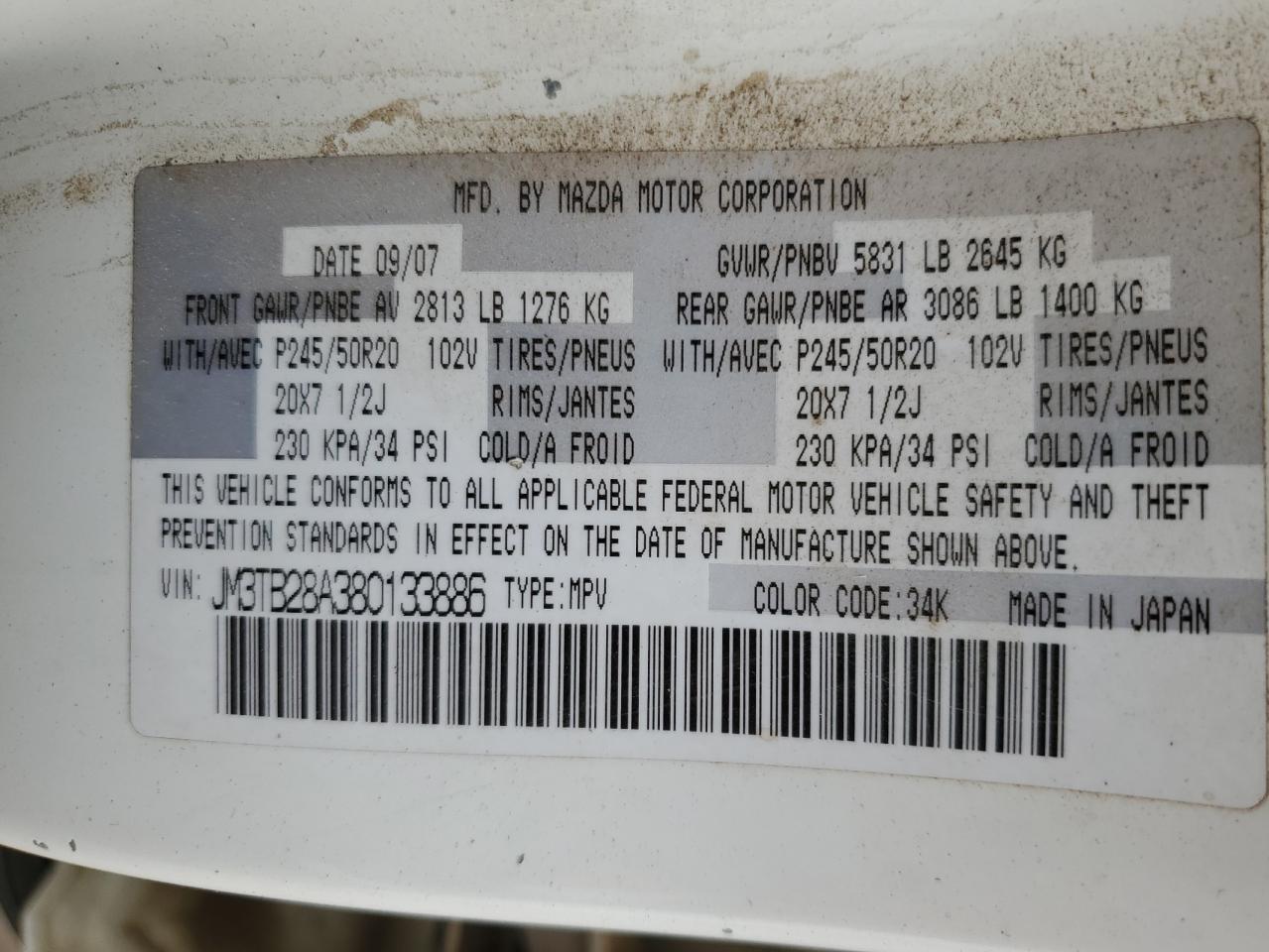 2008 Mazda Cx-9 VIN: JM3TB28A380133886 Lot: 65786104