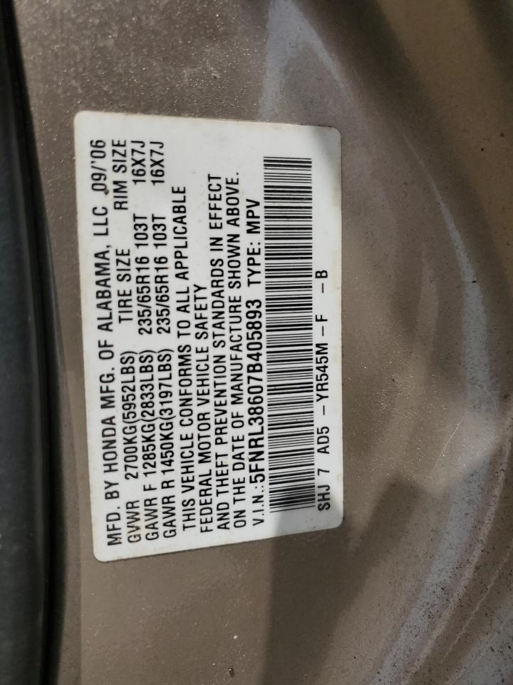 2007 Honda Odyssey Exl VIN: 5FNRL38607B405893 Lot: 65968094